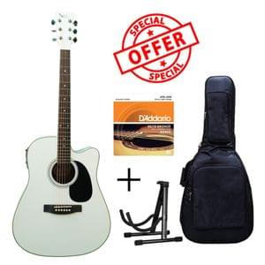 Swan7 SW41C White Semi Acoustic Equalizer Guitar with D Addario Strings Gig Bag and Stand